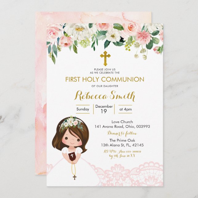 Girl Lace Floral Pink First Communion Invitation (Front/Back)