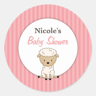 Girl Lamb Baby Shower Pink Stripe Classic Round Sticker