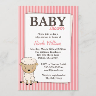 Girl Lamb Baby Shower Pink Stripe Invitations