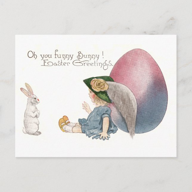 Girl Leaning on Easter Egg Spies White Rabbit Holiday Postcard (Front)