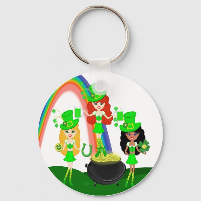 Girl Leprechauns Rainbow and Pot of Gold Keychain (Front)