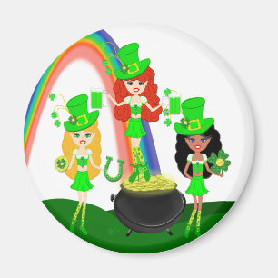Girl Leprechauns Rainbow and Pot of Gold Magnet