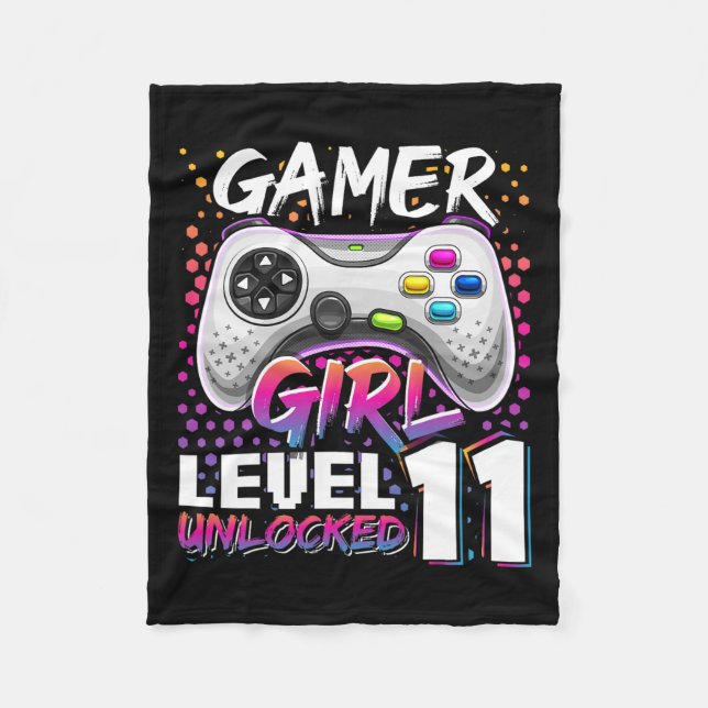 Girl Level 11 Unlocked Video Game 11th Birthday Gi Fleece Blanket (Front)
