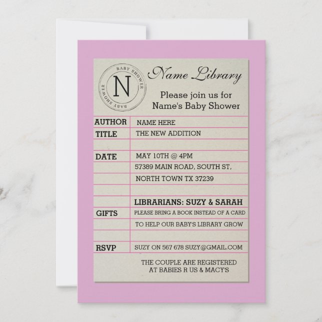 Girl Library Card Baby Shower Pink Invitation (Front)