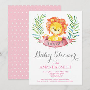 Girl Lion Baby Shower Invitation Pink and Grey