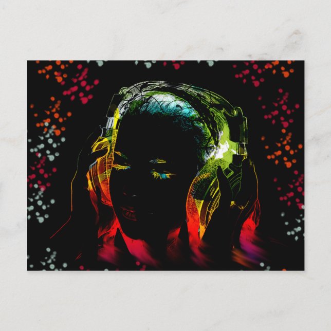 Girl Listening Music Headphones Neon Colours Gifts Postcard (Front)