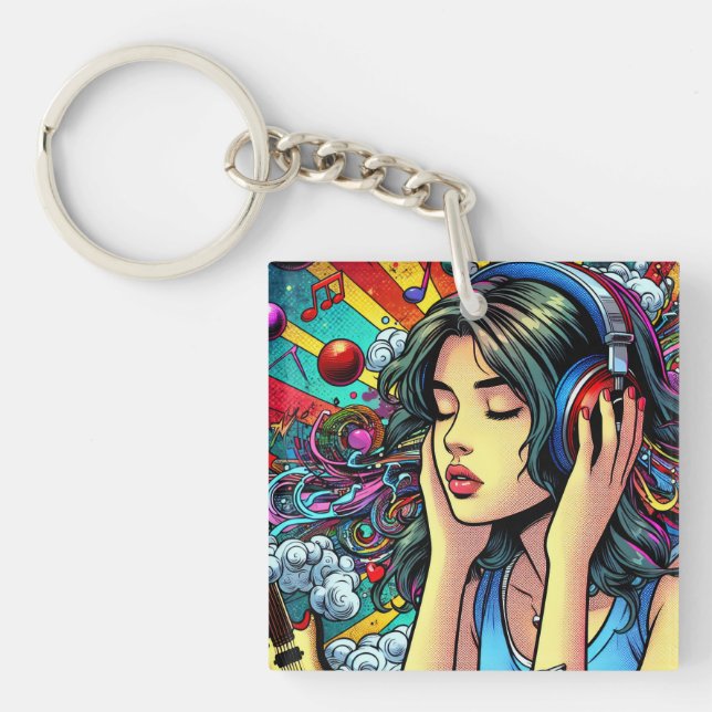Girl Listening to Music on Headphones Psychedelic Keychain (Front)