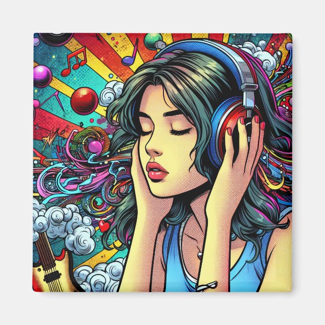Girl Listening to Music on Headphones Psychedelic Magnet (Front)
