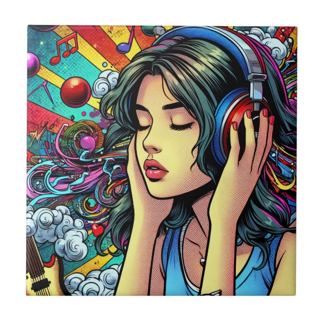 Girl Listening to Music on Headphones Psychedelic Tile (Front)