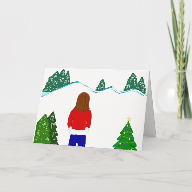 Girl Looking at Snowy Mountains Holiday Card (Front)