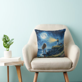 Girl looking at the lighthouse throw pillow