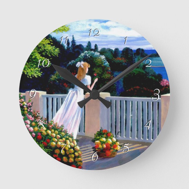 Girl looking out over the Mediterranean Sea Round  Clock (Front)