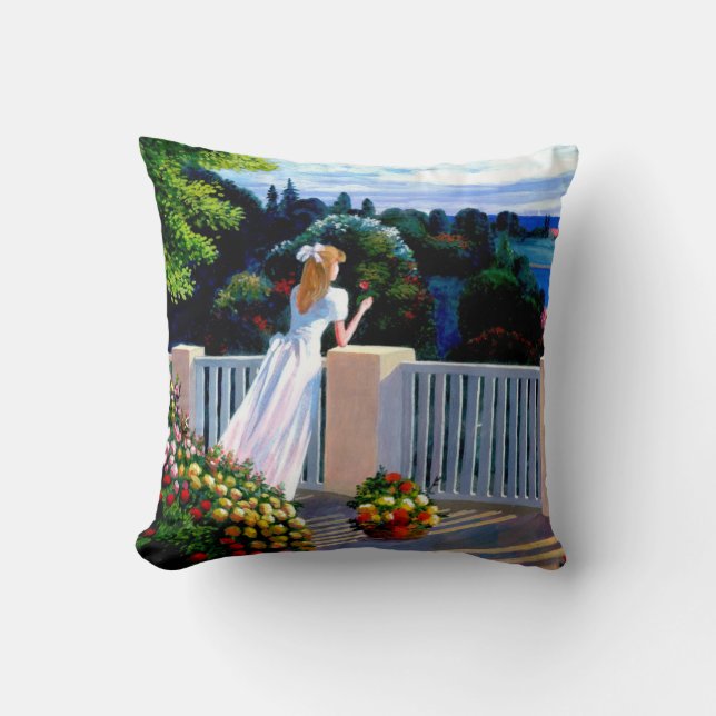 Girl looking out over the Mediterranean Sea Throw  Pillow (Front)