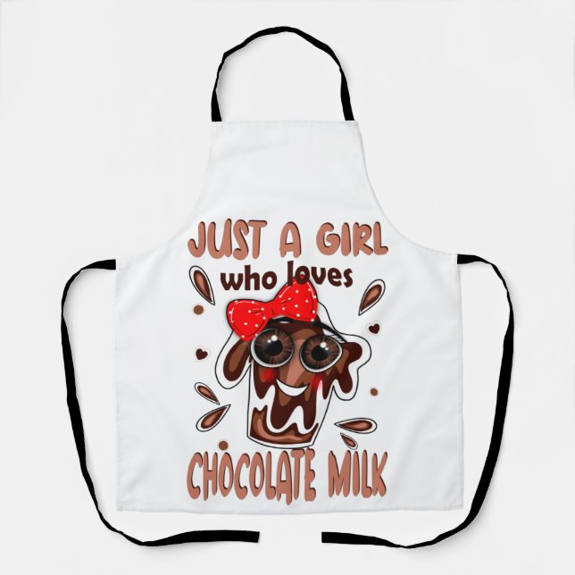 Girl Loves Chocolate Milk, Funny Cartoon Apron (Front)