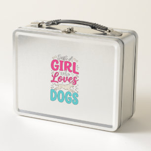 Girl Loves Dogs Vintage Engraving Typography Desig Metal Lunch Box