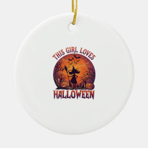 Girl Loves Halloween Witch Pumpkins Bats_1 Ceramic Ornament