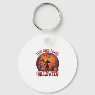 Girl Loves Halloween Witch Pumpkins Bats_1 Keychain