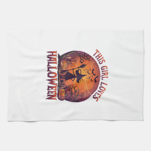 Girl Loves Halloween Witch Pumpkins Bats_1 Kitchen Towel