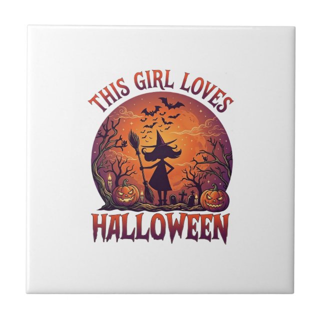 Girl Loves Halloween Witch Pumpkins Bats_1 Tile (Front)