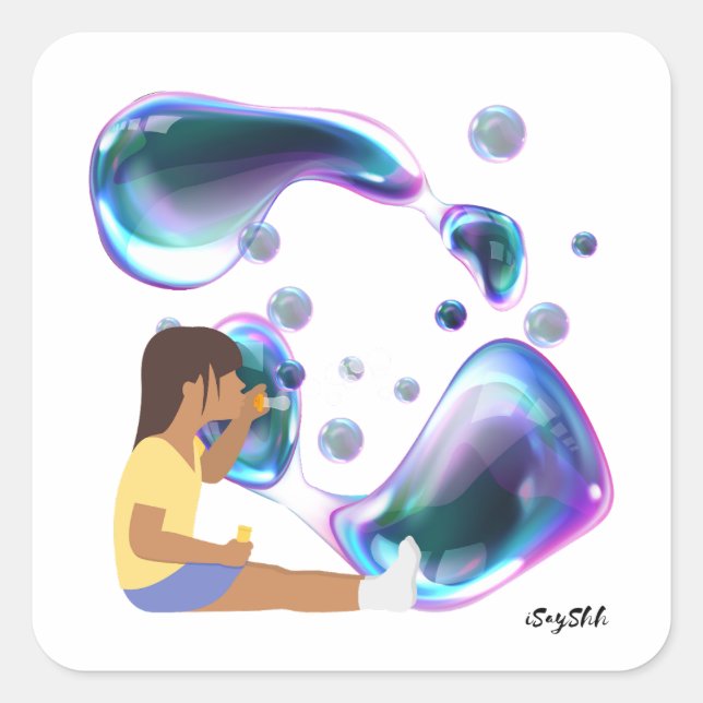 girl make soap bubble square sticker (Front)