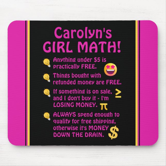 Girl Math Funny Personalized Computer Mouse Pad (Front)