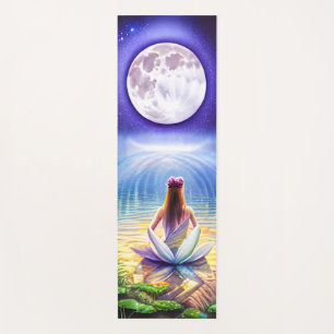 Girl Meditating on Lotus Flower Full Moon Yoga Mat