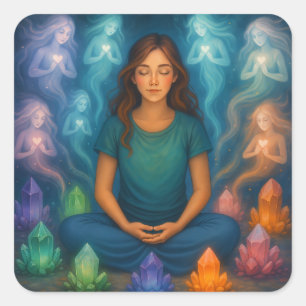 Girl Meditating with Crystal Elemental Beings Square Sticker