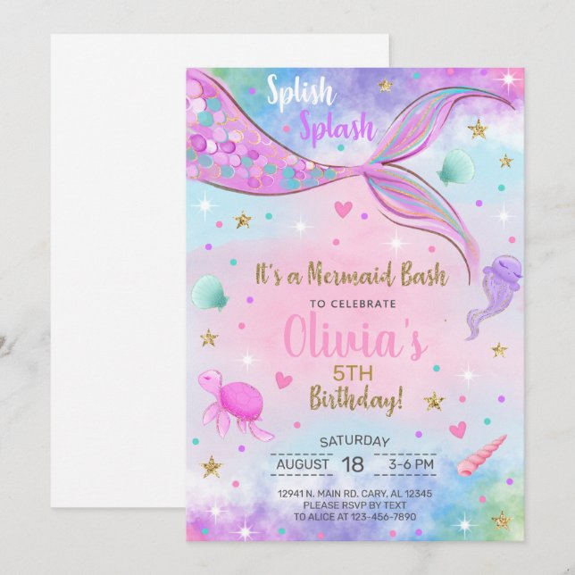Girl mermaid watercolor and gold birthday invite. invitation (Front/Back)