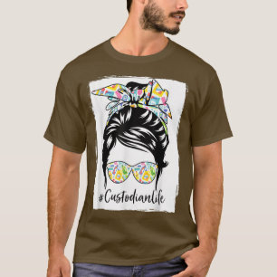 Girl Messy Bun Custodian Life Hair Glasses Back to T-Shirt