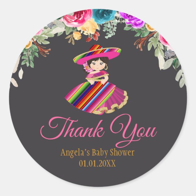 Girl  Mexican Flowers Fiesta  Classic Round Sticker (Front)