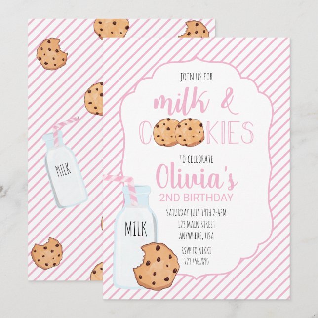 Girl Milk and Cookies Pink Birthday Invitation (Front/Back)