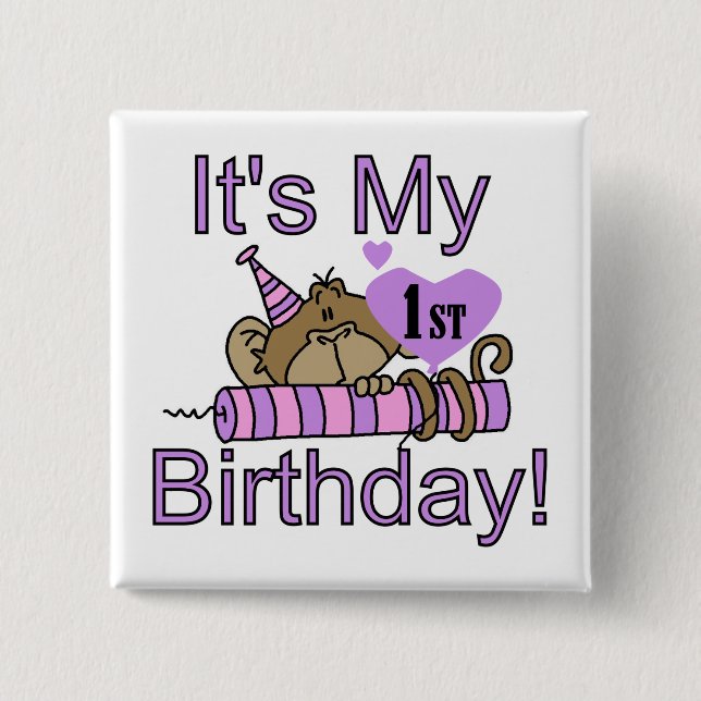Girl Monkey 1st Birthday Tshirts and Gifts 2 Inch Square Button (Front)