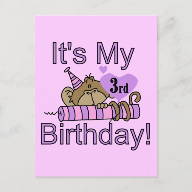Girl Monkey 3rd Birthday Tshirts and Gifts Postcard (Front)