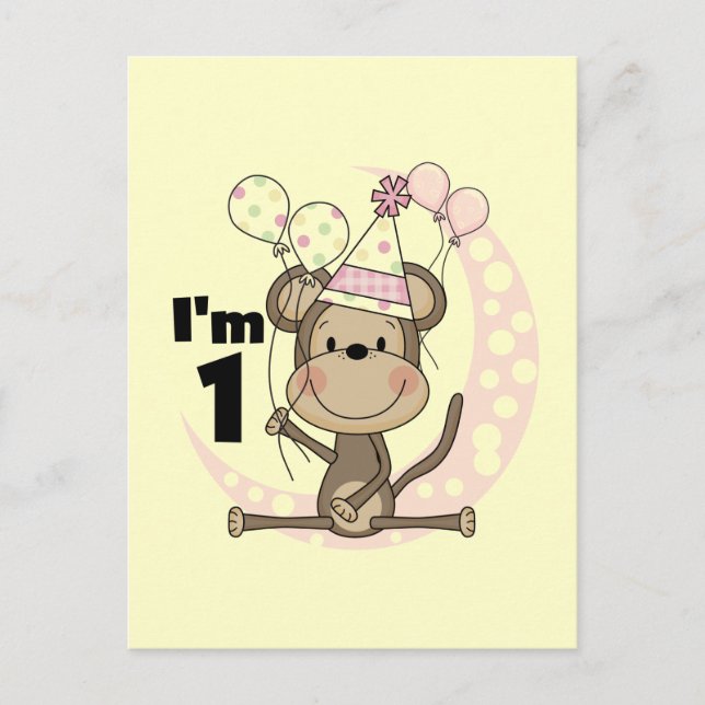 Girl Monkey in Party Hat 1st Birthday Postcard (Front)