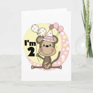Girl Monkey in Party Hat 2nd Birthday Card