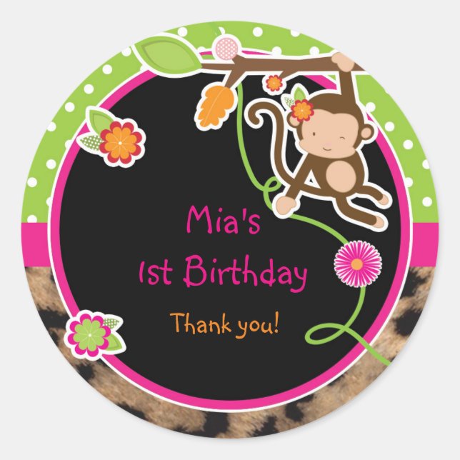 Girl Monkey Jungle Safari Bright Favour Sticker (Front)