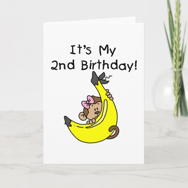Girl Monkey on Banana 2nd Birthday Tshirts Card (Front)