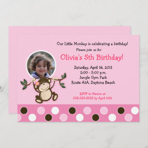 Girl Monkey Photo Birthday Template Invite