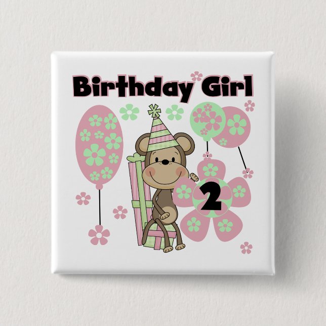 Girl Monkey With Gifts 2nd Birthday Tshirts 2 Inch Square Button (Front)