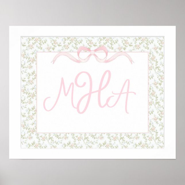 Girl Monogram Wall Art, Floral Nursery Monogram Poster (Front)
