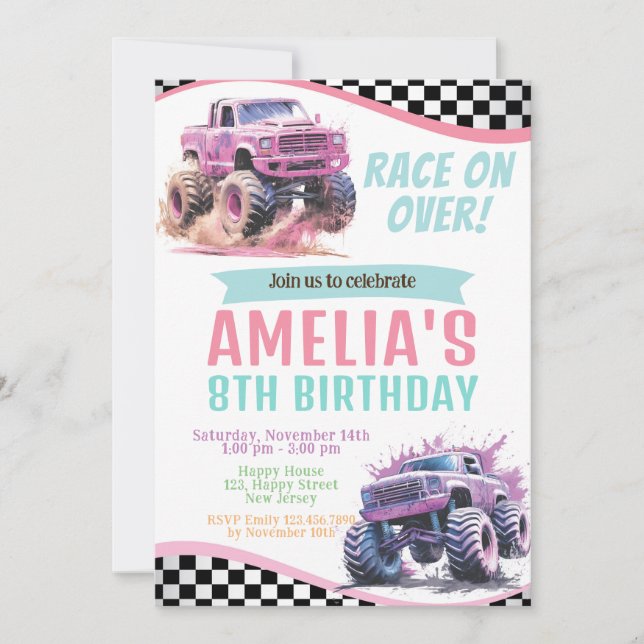 Girl Monster Trucks Birthday Invitation. Race on Invitation (Front)