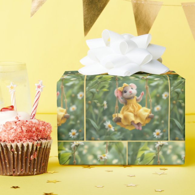 Girl Mouse On a Garden Swing Wrapping Paper (Birthday Party)