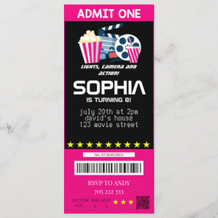 Girl Movie Party Movie Tickets Pink Birthday Invitation
