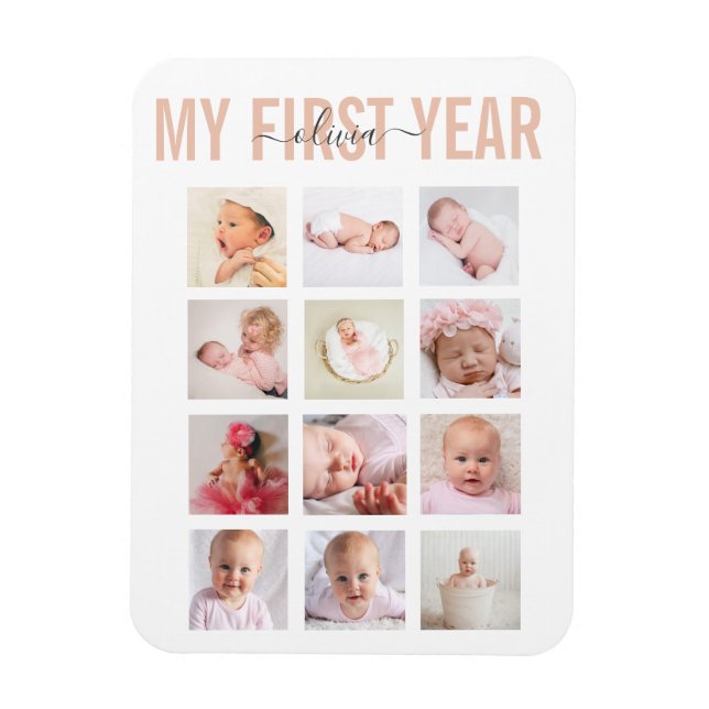 Girl My First Year Baby Name 12 Photo Collage   Magnet (Vertical)