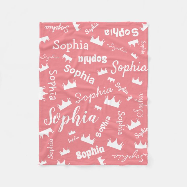 Girl Name Personalized Pink Princess Crown Fleece Blanket (Front)