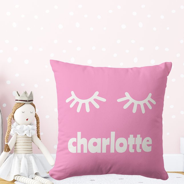 Girl Name Soft Pink Eyelashes  Throw Pillow (Transform her space with a hint of pink using this charming pillow. Customize it and get it today!)