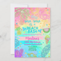Girl neon beach bash birthday summer invitation.