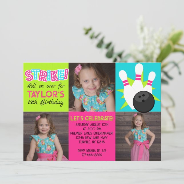 Girl Neon Bowling 3 Photo Invitation Anniversaire (Debout devant)