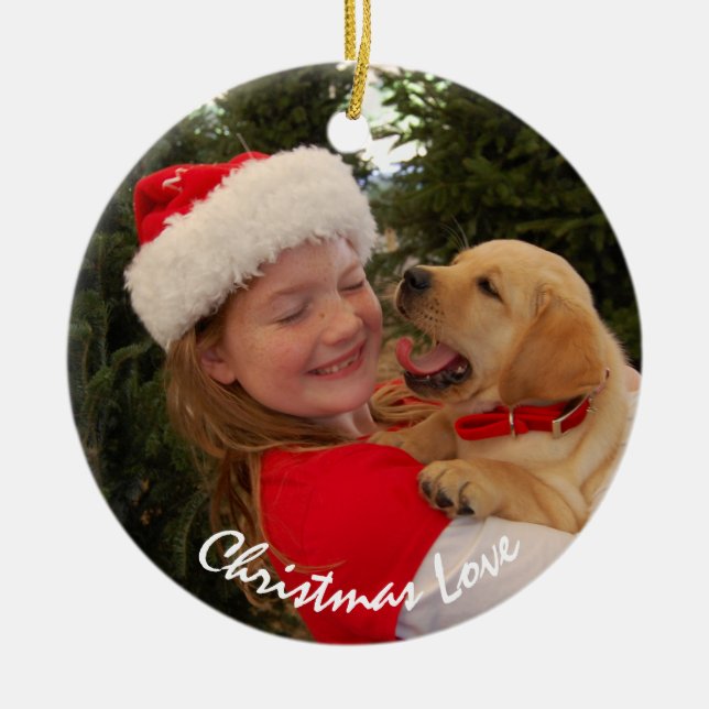 Girl & New Puppy for Christmas Ceramic Ornament (Front)