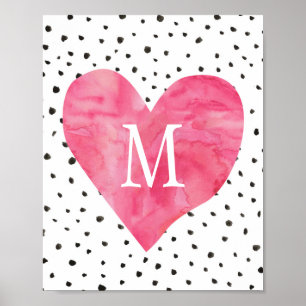 Girl Nursery Monogram Watercolor Pink Heart Poster